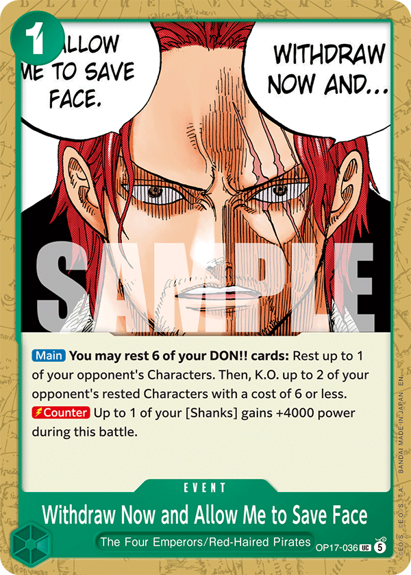 Withdraw Now and Allow Me to Save Face · The World's Strongest Warriors · カード番号OP17-036 · 英語 · 加工・状態は未確認