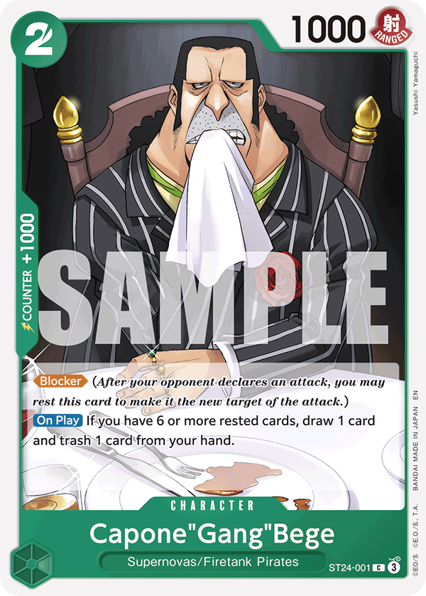 Capone"Gang"Bege · Starter Deck 24: GREEN Jewelry Bonney · カード番号ST24-001 · 英語 · 加工・状態は未確認